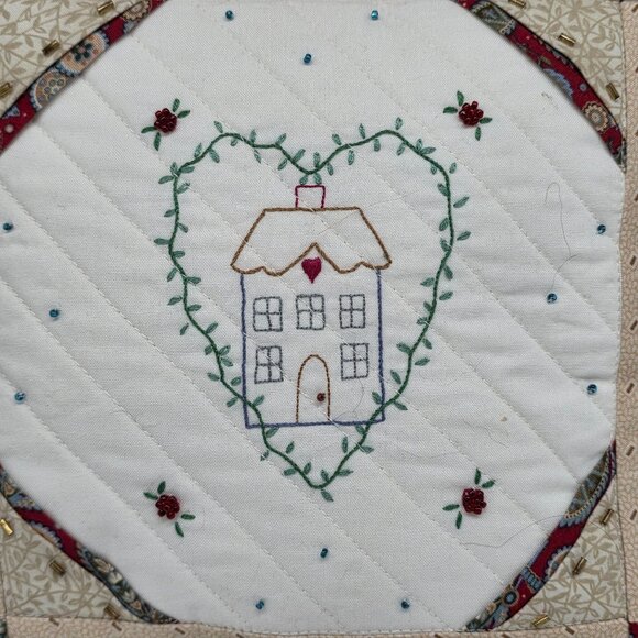 Handmade Quilted Beaded Throw Pillow Embroidered House & Heart Design 10" Square - Picture 8 of 13